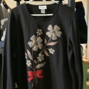 Alfred Dunner Black Long‎ Sleeve blouse with Floral and Red Bow embellishment